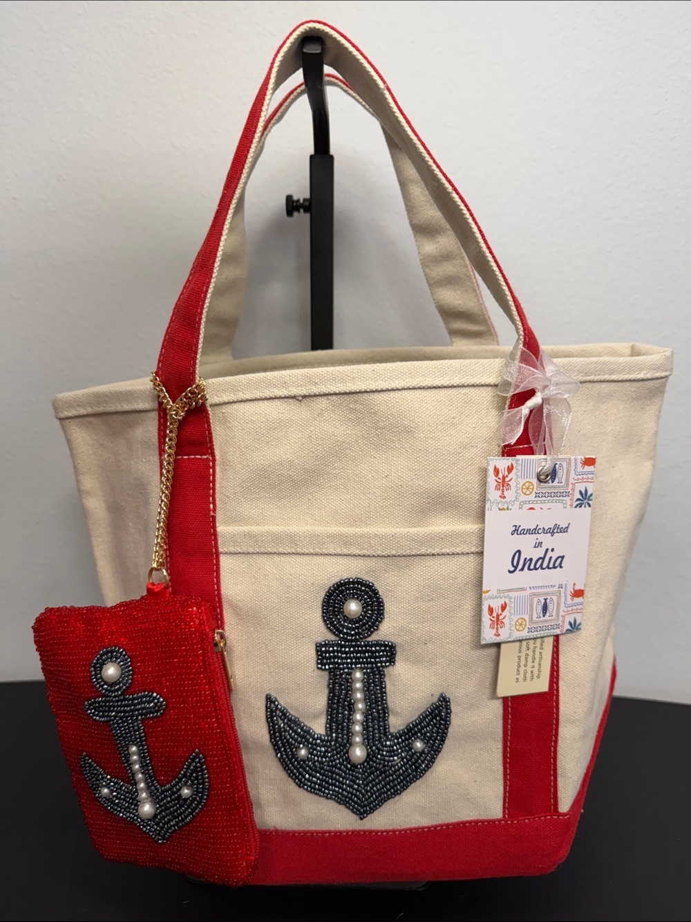 Handcrafted In India | Mini Canvas Tote w/ Beaded Anchor & Matching Wallet ⚓️ - Picture 11 of 11